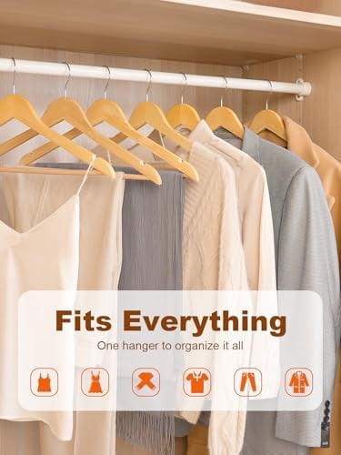Wooden Hangers 10 Pack, Solid Wood Hanger with Non Slip Pant Bar, Heavy Duty Wooden Coat Hanger for Closet, Smooth Finish Wood Clothes Hangers for Shirts, Suits, Jackets, Dress, Natural