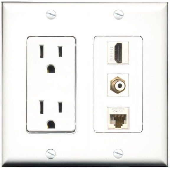 RiteAV - 15 Amp Power Outlet 1 Port HDMI 1 Port RCA White 1 Port Cat6 Ethernet Ethernet White Decorative Wall Plate