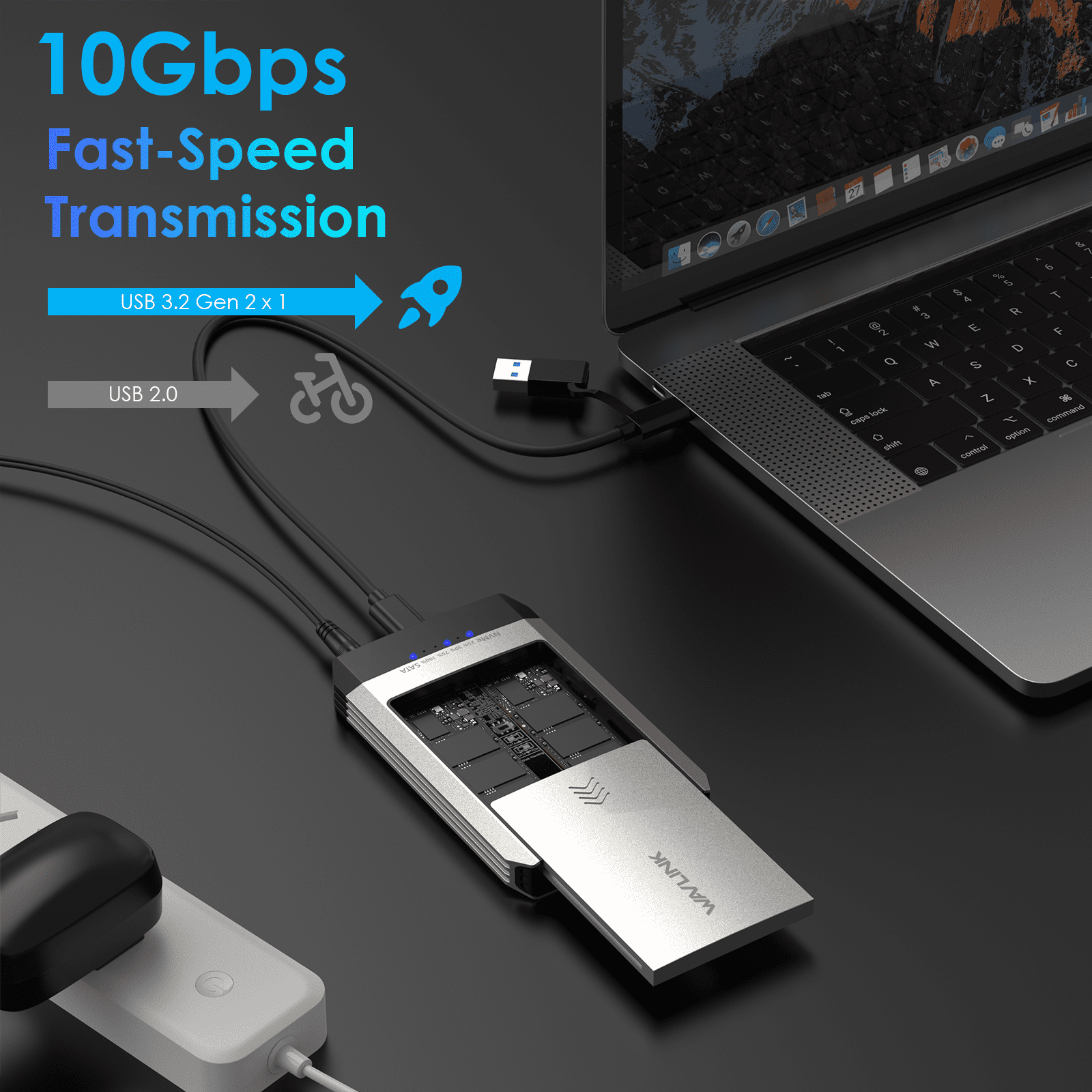 WAVLINK Hard Drives Enclosure, Compatible with NVMe, M.2 Duplicator Dual-Bay Offline Clone, 10Gbps USB-C(USB3.2 Gen 2x1), Supports NVMe and AHCI, up to 8TB