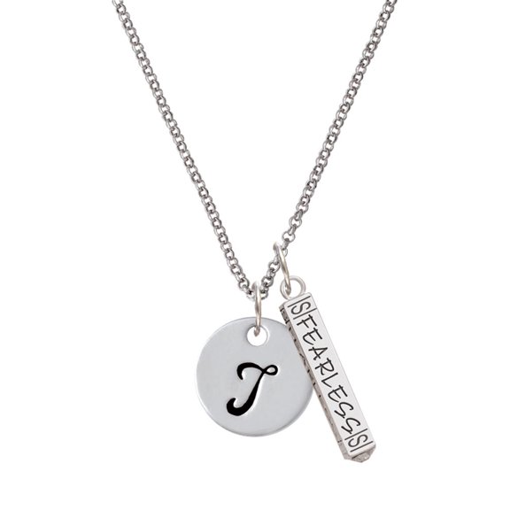 Delight Jewelry Silvertone Large Script Letter - T - 3/4'' Disc - Silvertone Fearless Bar Charm Necklace, 23"
