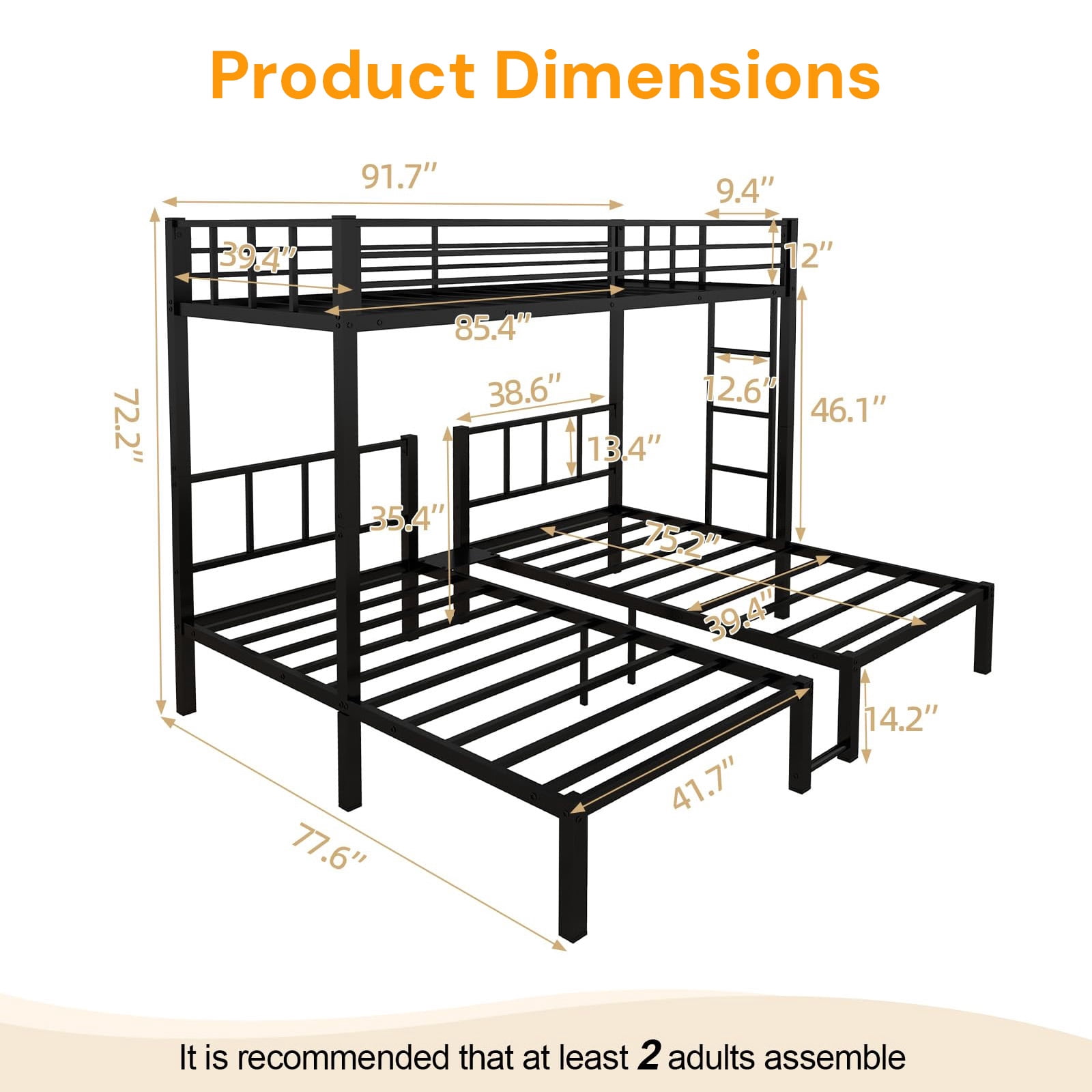 Miniyam Heavy-Duty Metal Triple Bunk Bed, Twin Over Twin Over Twin, Space-Saving 3-Bed Bunk Frame with Guardrails & Ladder, Black