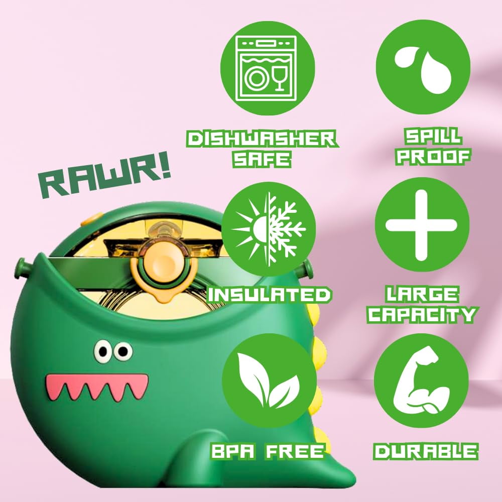 Cocosmile Dinosaur Round Kids Water Bottle with Removable Sleeve - Easy Open Button, Carrying Lanyard - Tritan Plastic Water Bottle Ideal for School Boys Girls, BPA Free Kids Cup (With Straw)