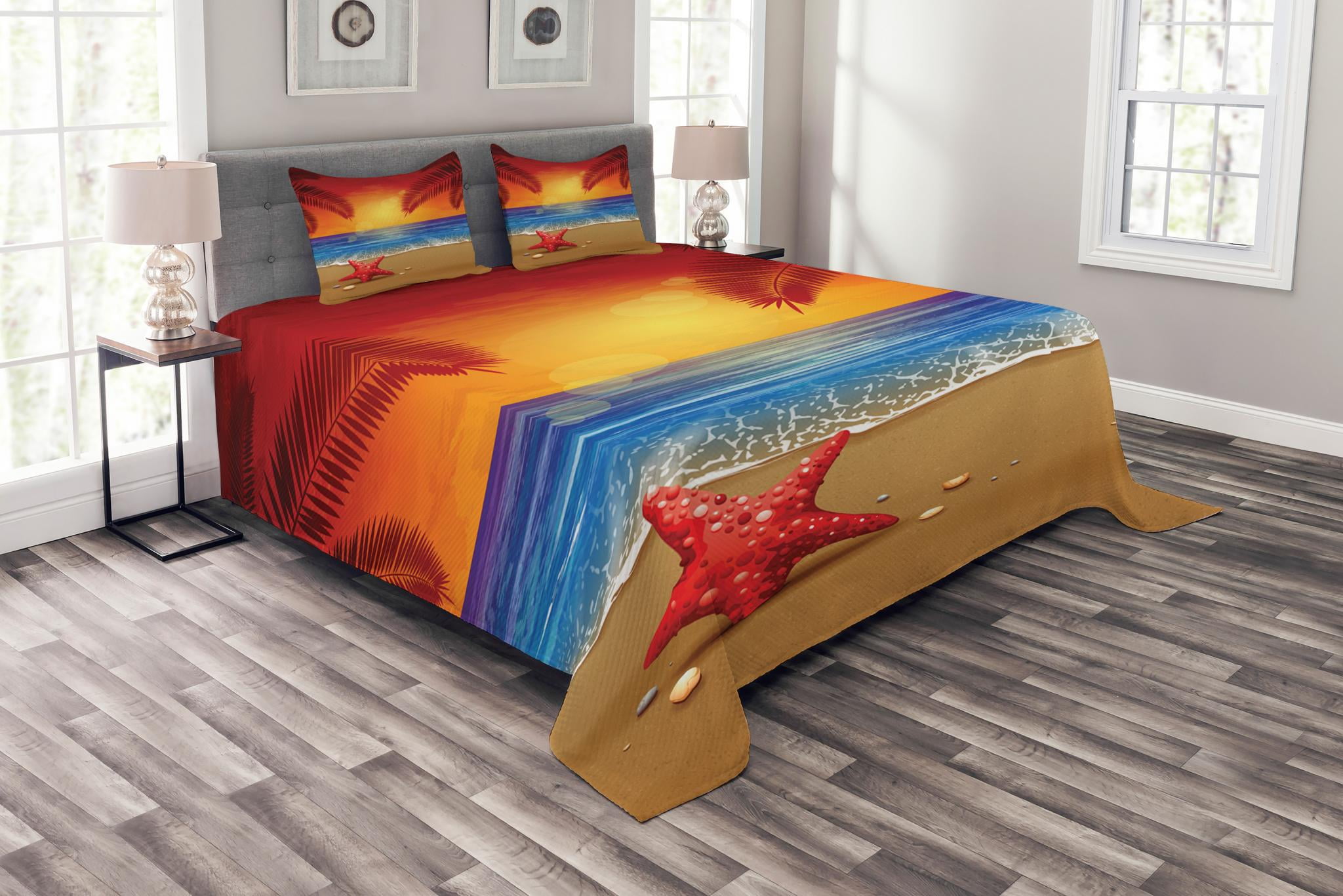 Tropical Bedspread Set King Size, Sunset Cartoon Illustration Beach