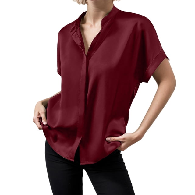 Camisa de manga corta de satén liso para mujer - Top elegante con cuello alto - Acabado satinado para ocasiones informales/formales - Tallas S-XL