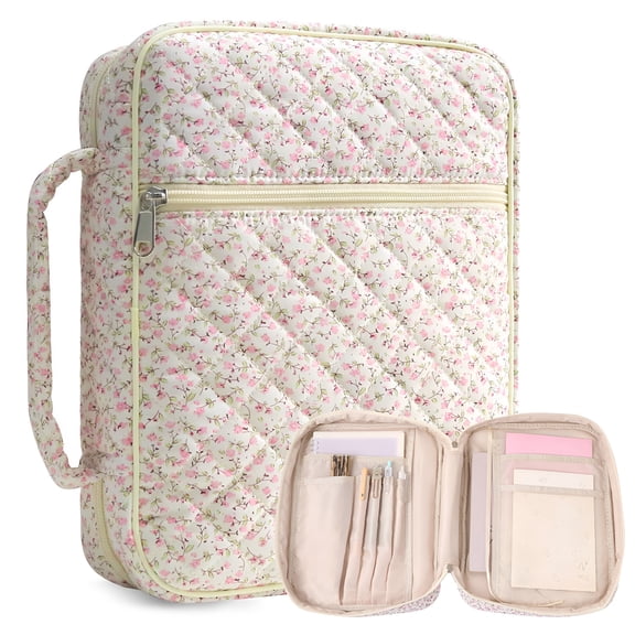 AOMRCOL Pink Floral Large Bible Cover Case for Women,Quilted Tote Bags with Multiple Compartments,Carrying Case for Bible Study Accessories,Christian Gifts