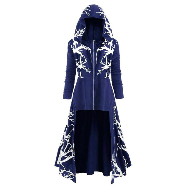 Gothic Hooded Cloak for Women Steampunk Long Sleeve Sweatshirt Irregular Hem Long Trench Zip Up Renaissance Jackets