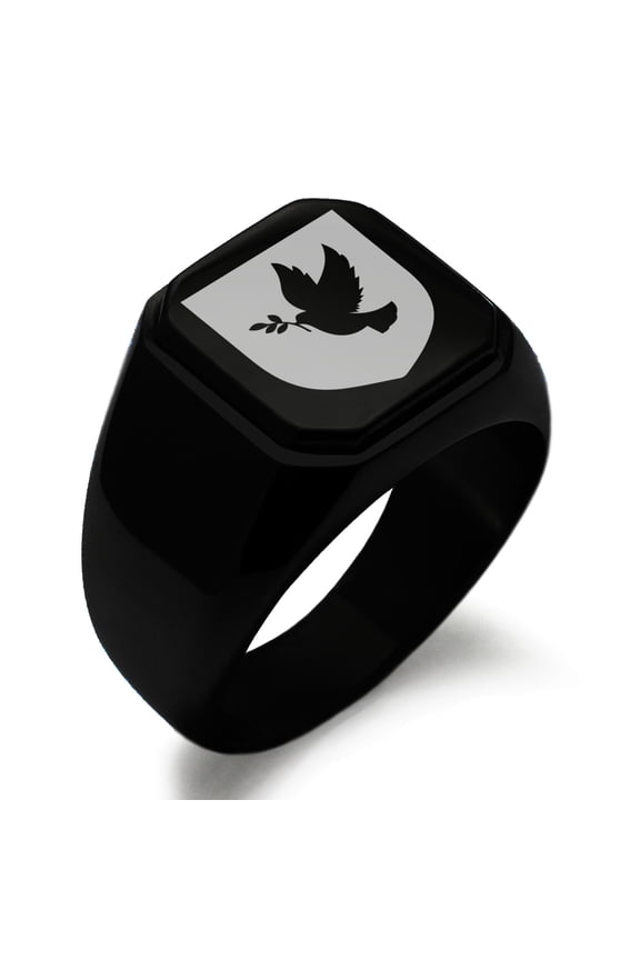Stainless Steel Dove Peace Coat of Arms Shield Engraved Square Flat Top Biker Style Polished Signet Ring