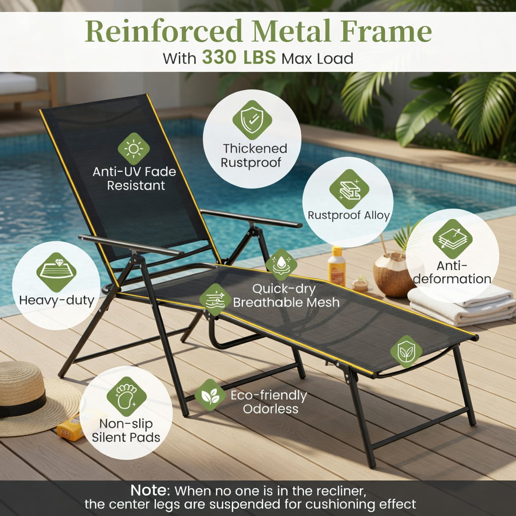 Hommoo 2-Pack Foldable Patio Chaise Lounge Chairs with 6-Position Reclining Backrest, Heavy-Duty Metal Frame, Quick-Dry Fabric, Black