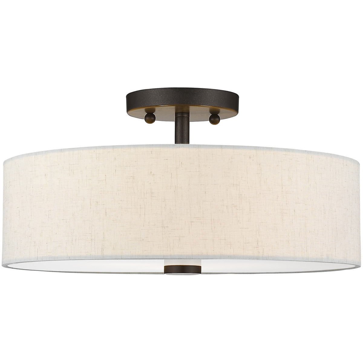 3 Light English Bronze Ceiling Light fixture with Hand Crafted Oatmeal Color Fabric Hardback Shade