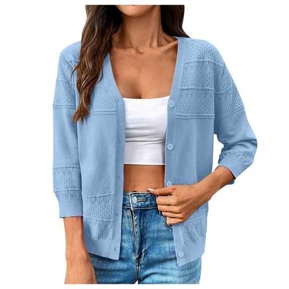 idosla Women's Lightweight Cardigans Casual Long Sleeve V-Neck Button Print Shrugs Sweaters Open Front Outerwear (Light Blue, M)