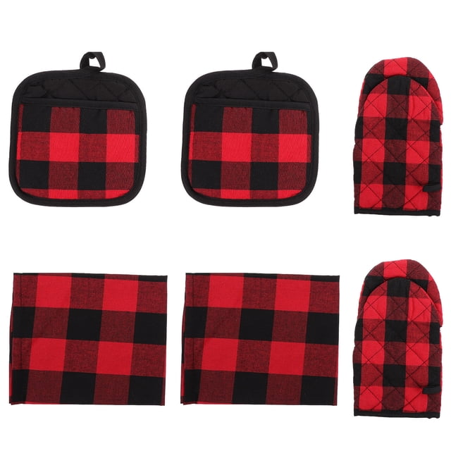 Shisuyan Heat Insulation Gloves Oven Mitts Red Polyester Cotton 6-Pcs