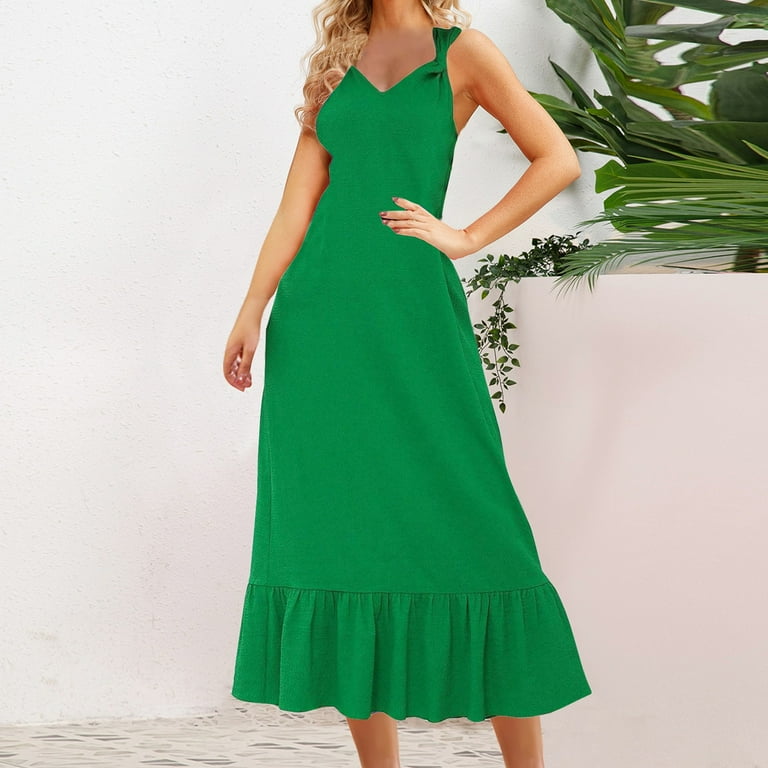 Shomport Chiffon Maxi Dress for Women Summer Tie Adjustable V-Neck Sundress Ruffle Flowy Vacation Dresses, Women's, Size: Medium, Green