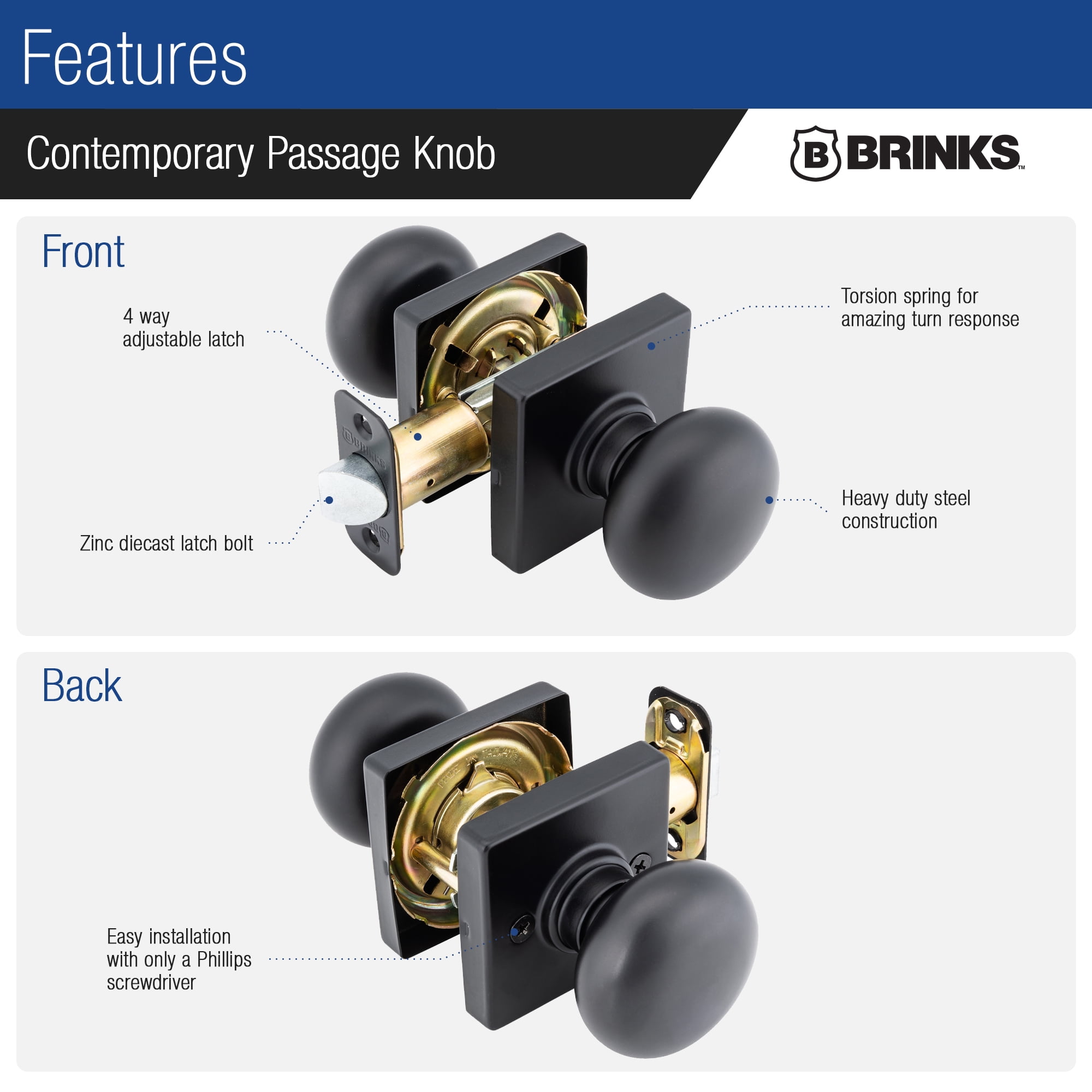 Brinks Contemporary Interior Passage Door Knob, Matte Black, 2 pack