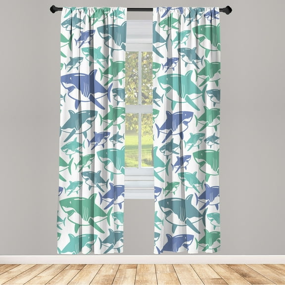 Ambesonne Shark Curtains, Underwater Fish Art Pattern, Pair of 28"x84", Ceil Blue