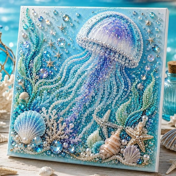 Ocean Theme Pearl Art DIY Kit, 3D Pearl Painting with Waves, Seashells and Starfish, Sparkling Coastal Craft for Adults and Beginners, Nautical Beach Home Wall Decoration,Jellyfish