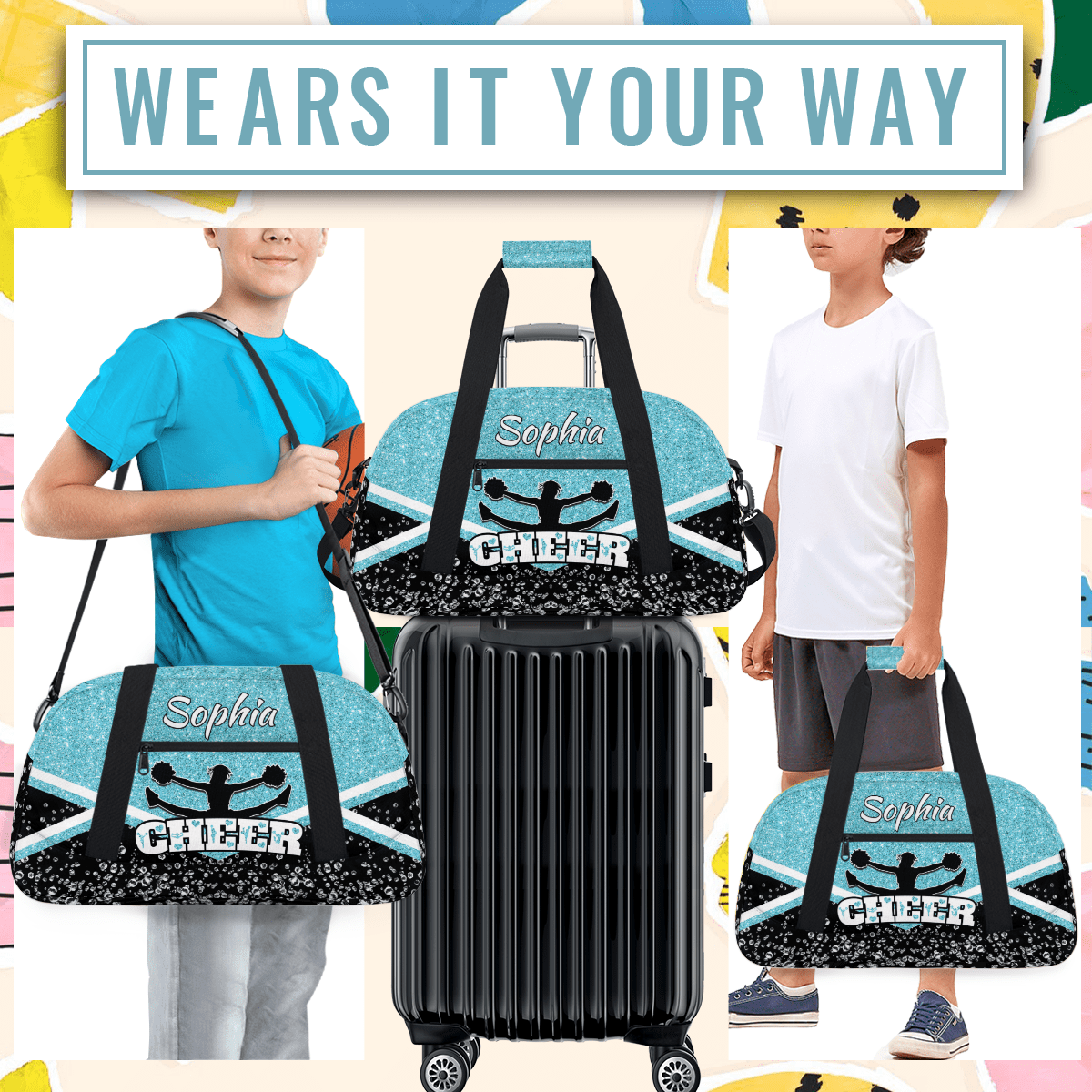 Jiaoprinted Personalized Cheerleader Bag Dance Bag, Custom Sport Gym Bag with Name, Customized Travel Duffel Bag for Cheer Team, Azure Glitter