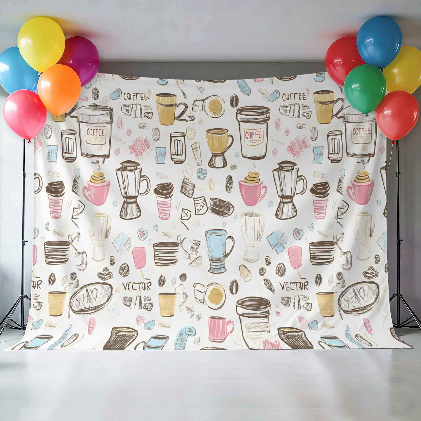 Coffee Backdrop for Photography, Cartoon Modern Hand Painted Photo Backdrop Portrait Background Party Banner Photo Backgrounds for Studio Booth Props, 7x5ft