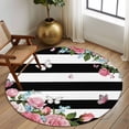 thumbnail image 2 of Large Round Rug 8Ft Washable Non-Slip, Pink Flowers Circle Area Rugs for Living Room Bedroom, Spring Floral Butterflies Black White Striped Farmhouse Indoor Floor Mats Carpet Runner for Home Decor, 2 of 8