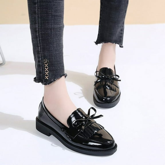 Jacenvly 2024 New Women Slip-On Tassel Leather Top Platform Loafers Casual Comfortable Loafer Shoes Indoor Outdoor Black Sandals for Women Clearance