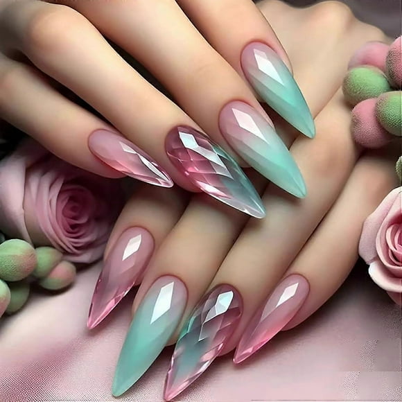 24pcs Almond Press Nails Medium Stiletto False Nails with Glazed Cat Eye Design Acrylic Artificial Nails Multicolor Gradient Gel Nails Glossy Stick On