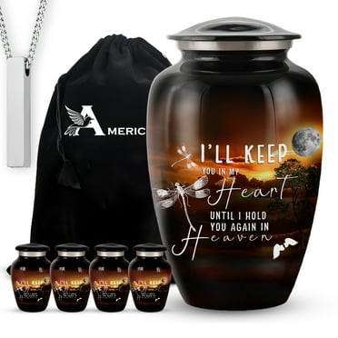 Set of 6 Moonlight Black Decorative Cremation Urns – Includes 1 Large Urn, 4 Mini Urns & 1 Necklace urn for Ashes