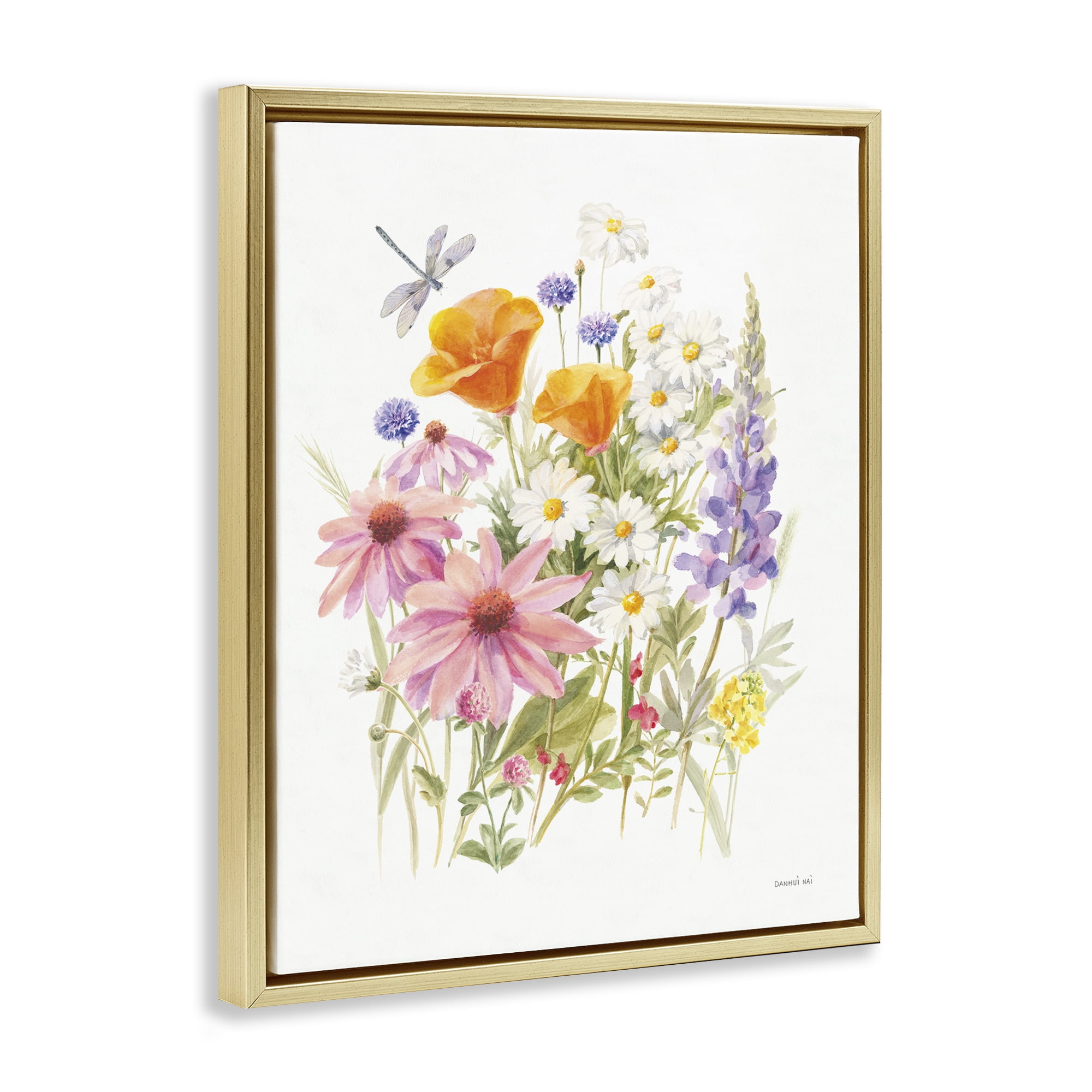 Stupell Industries Bright Flowers & Dragonfly Botanical & Floral Painting Gold Floater Framed Art Print Wall Art, 25 x 31