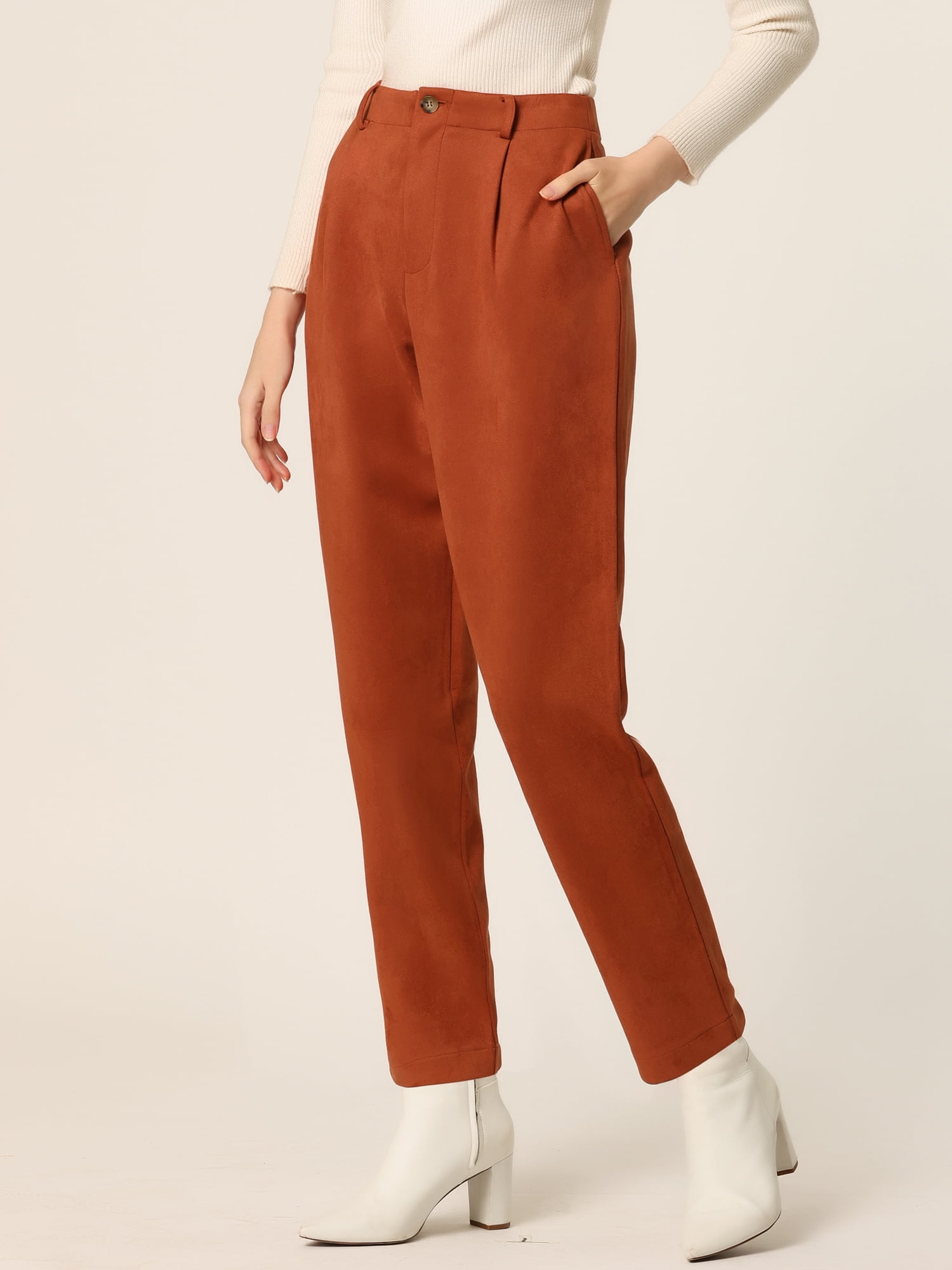 Unique Bargains Women's Faux Suede High Waist Belted Straight Legs Pants S Caramel