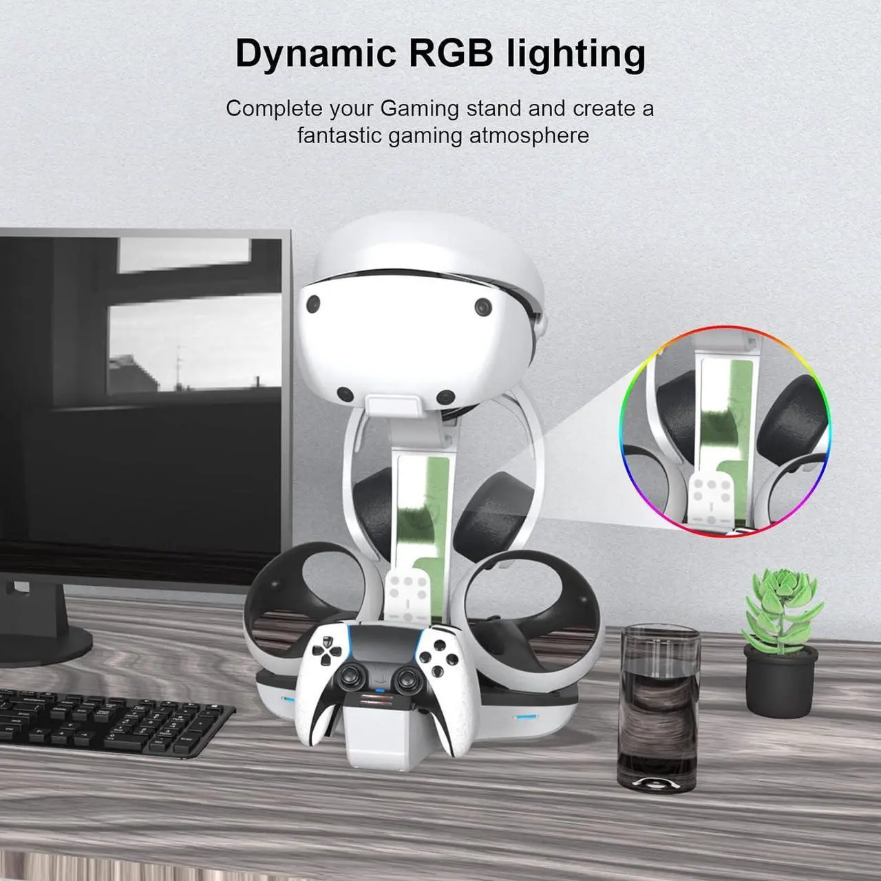 4-in-1 Controller Charging Station for PSVR2 and PS5, Dual Charging Dock with VR Headset Display Holder and Headphone Rack, LED Indicator, Charging Cable, RGB Lights, 3 Magnetic Connector