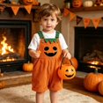 thumbnail image 2 of CAIVO Halloween Pumpkin Patchwork Striped Romper With Pockets For Boys Girls Casual Style Sleeveless Strap One-Pieces For Toddlers And Children Playwear, 2 of 7