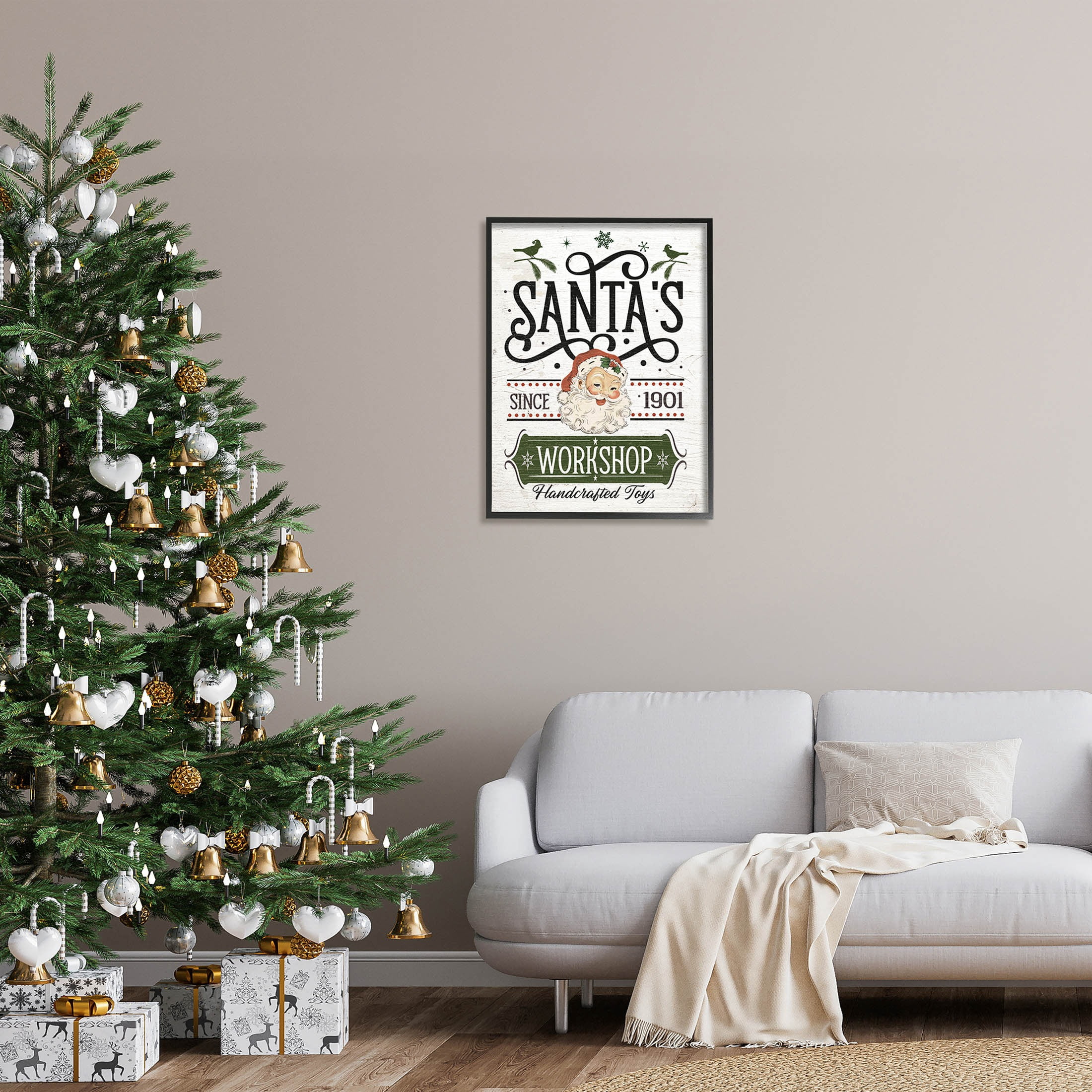 Santa's Workshop Toys Vintage Signage Holiday Graphic Art Black Framed Art Print Wall Art