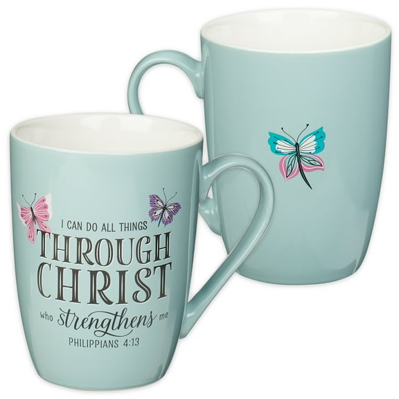 Christian Art Gifts Inspirational Microwave/Dishwasher Safe Ceramic Coffee & Tea Scripture Mug for Women: All Things Through Christ Encouraging Bible Verse, Cute Butterflies, Light Blue/White, 12 oz.