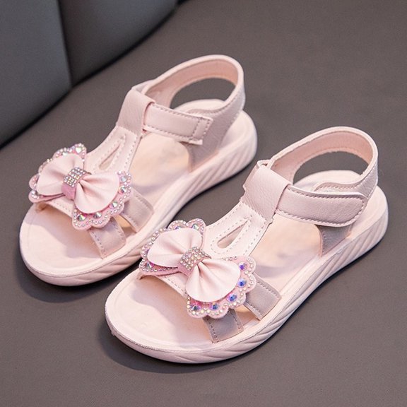 Krdevn Rhinestone Bow Open Toe Sandals, Flat Heel, Ankle Strap for Daily Summer Wear (Toddler, Big Girls),9-10 Years