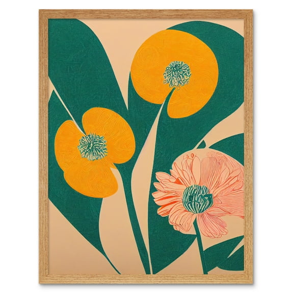 California Poppy Flower Blooms Turquoise Leaves Bright Art Print Framed Poster Wall Decor 12x16 inch