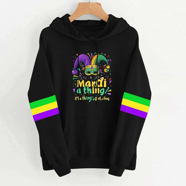 Uootdi Mardi Gras Womens Drawstring Hoodies for Women Carnival Crewneck Heart Print Hooded Long Sleeve Pullover Festive Color Block Loose Sweatshirts Gift