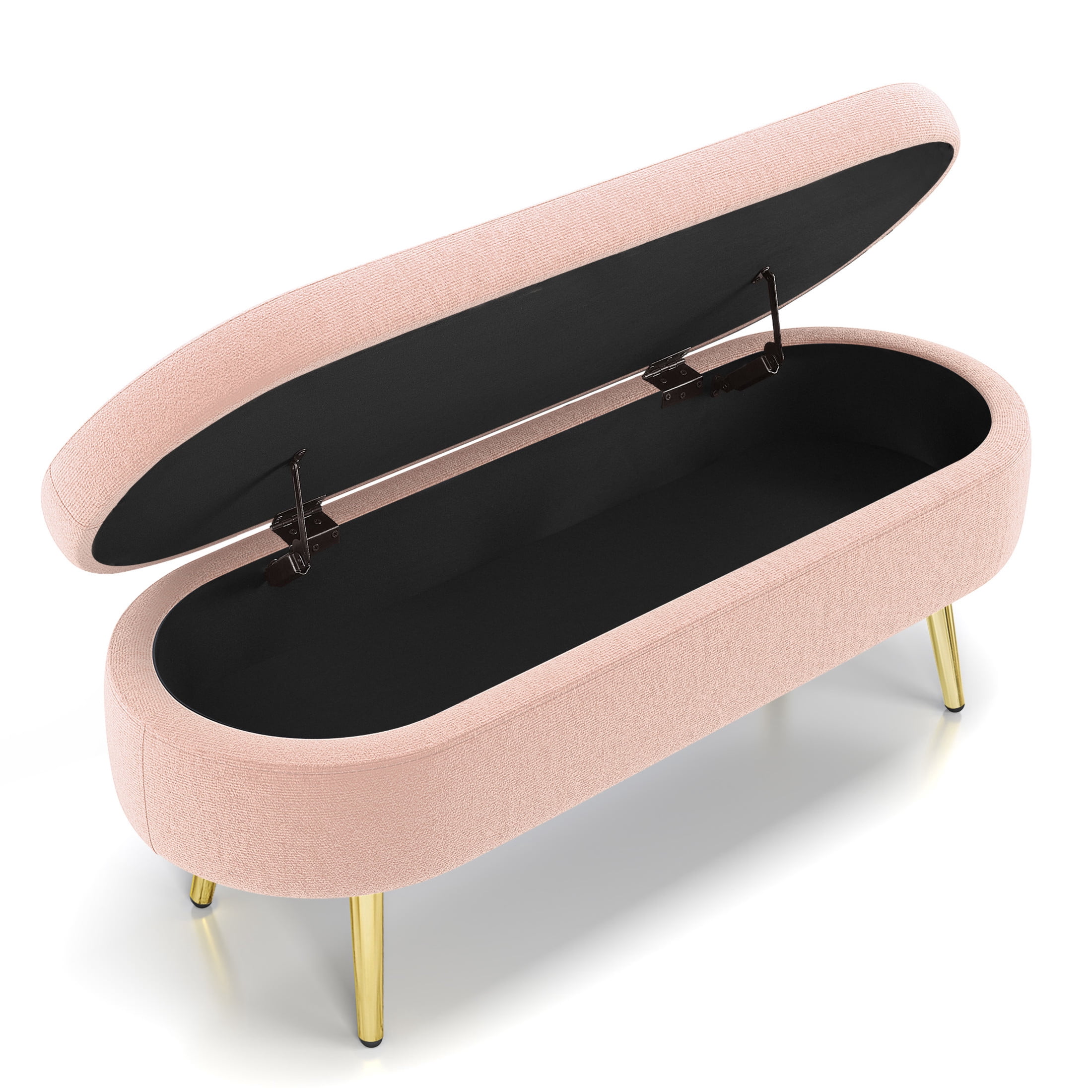 Noble House Dyani 43" Oval Flannel Storage Ottoman Bench, Upholstered Footrest with Metal Legs, Pink