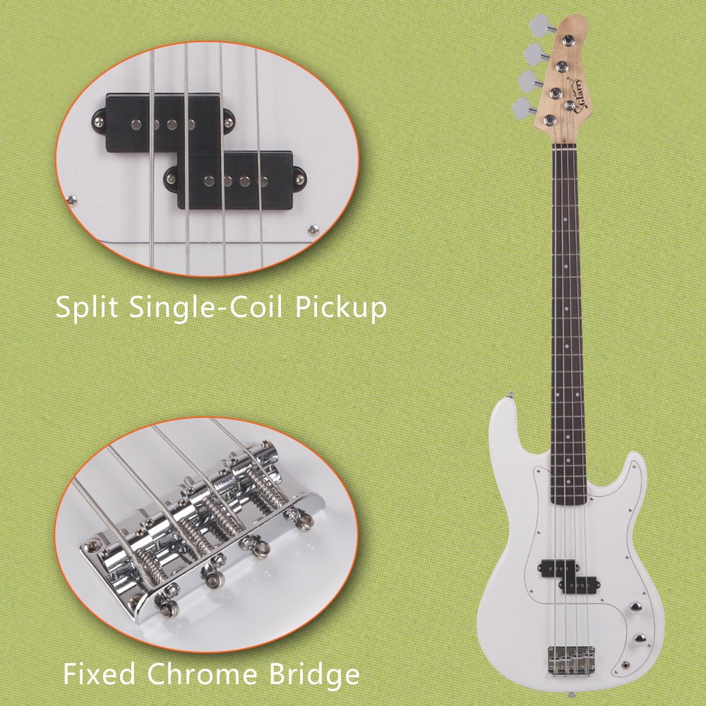 4 String Electric Bass Guitar, Split Single-Coil Pickup, Right Handed Design, with Gig Bag, Strap, Spanner Tool for Youths & Adults (White)