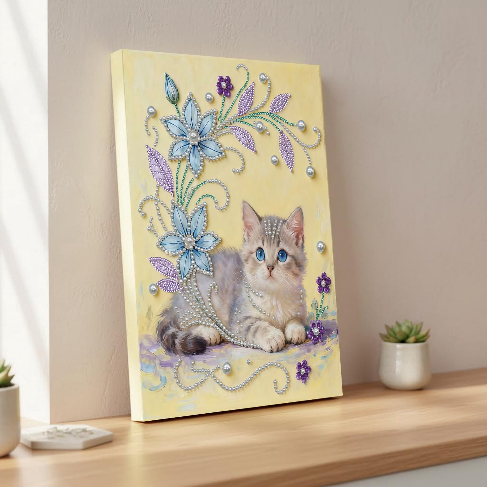 FLOPESN DIY Gemstone Pearl Diamond Art Painting Kit with Frame, 11.81x15.75in Colored Canvas, Home Decor Display for Tabletop and Wall -Cat