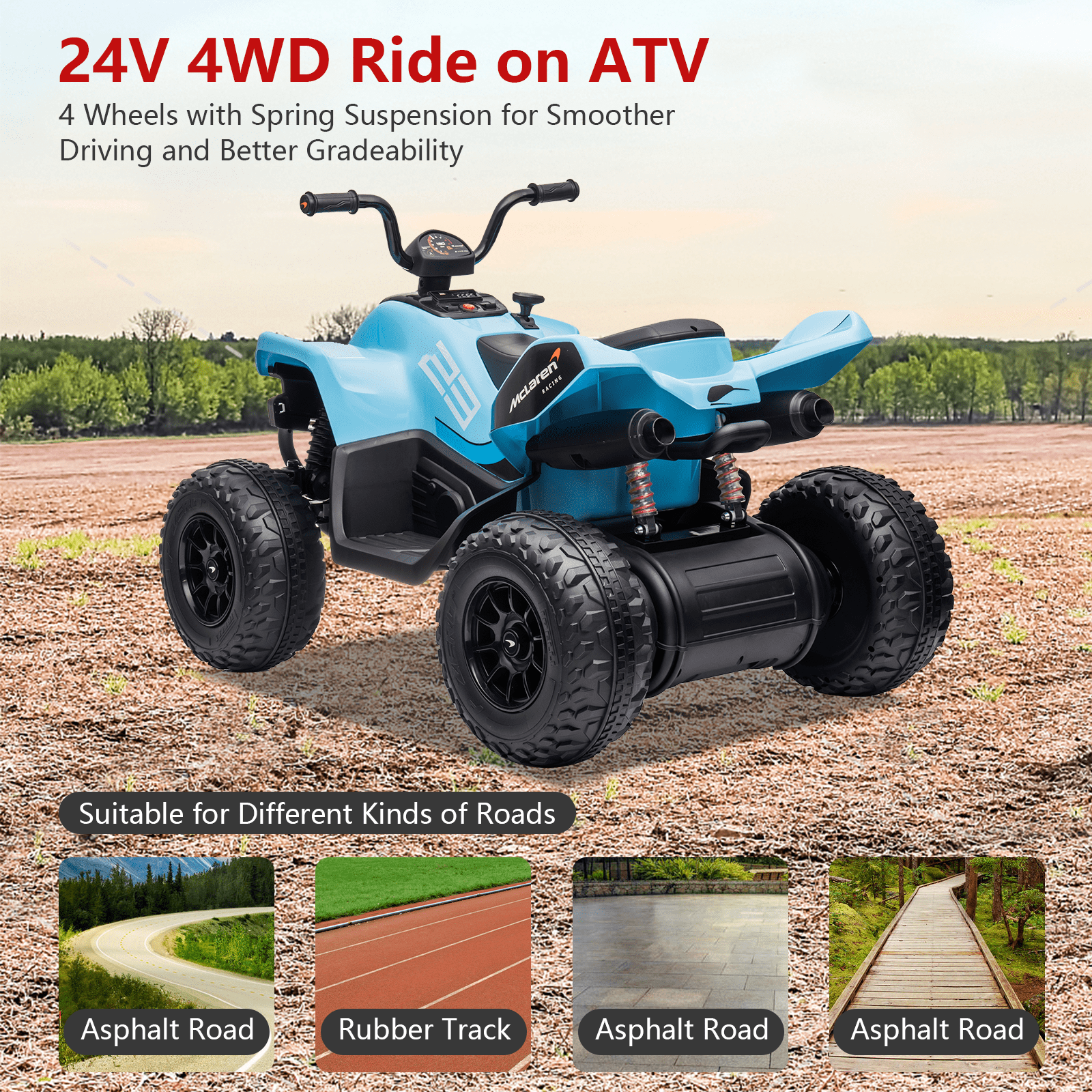 24V Battery Powered, 4-Wheeler Quad Car Toy ATV for 3-8yrs, Electric Off-Road Car with 2 Speeds, LED Lights, Bluetooth, MP3