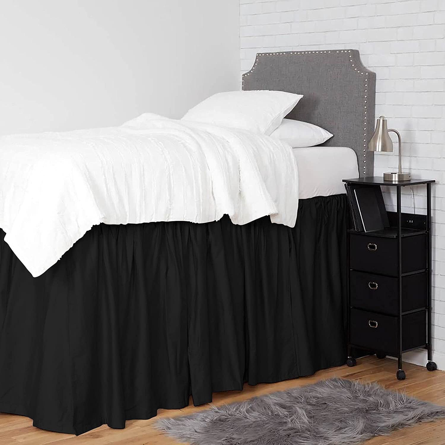 Mictong Dormitory Bed Skirt, Extra Long University Dormitory Bed Skirt with 32 inch dangling edge, ruffle edge Dormitory Bed Skirt, Elastic Bed Skirt, Easy to Install, 1 piece, Black
