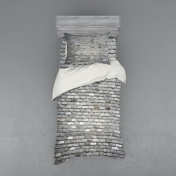 Ambesonne Grey Bedding Set 3 Pcs, Aged Rough Brick Wall, Twin XL, Grey