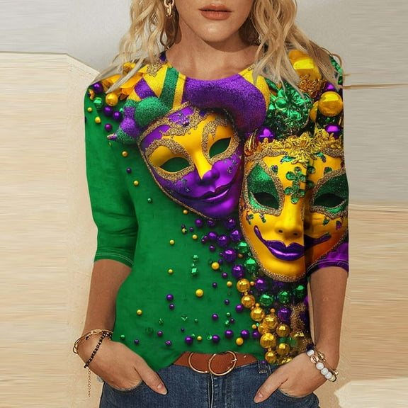 SOOMLON Mardi Gras Tops for Women Tuesday Tshirts Carnival Themed Party 3/4 Sleeve Tops Funny Mask Graphic Shirts Tunic Round Neck Outfits New Orleans Holiday Blouses 2025 Multicolor XL
