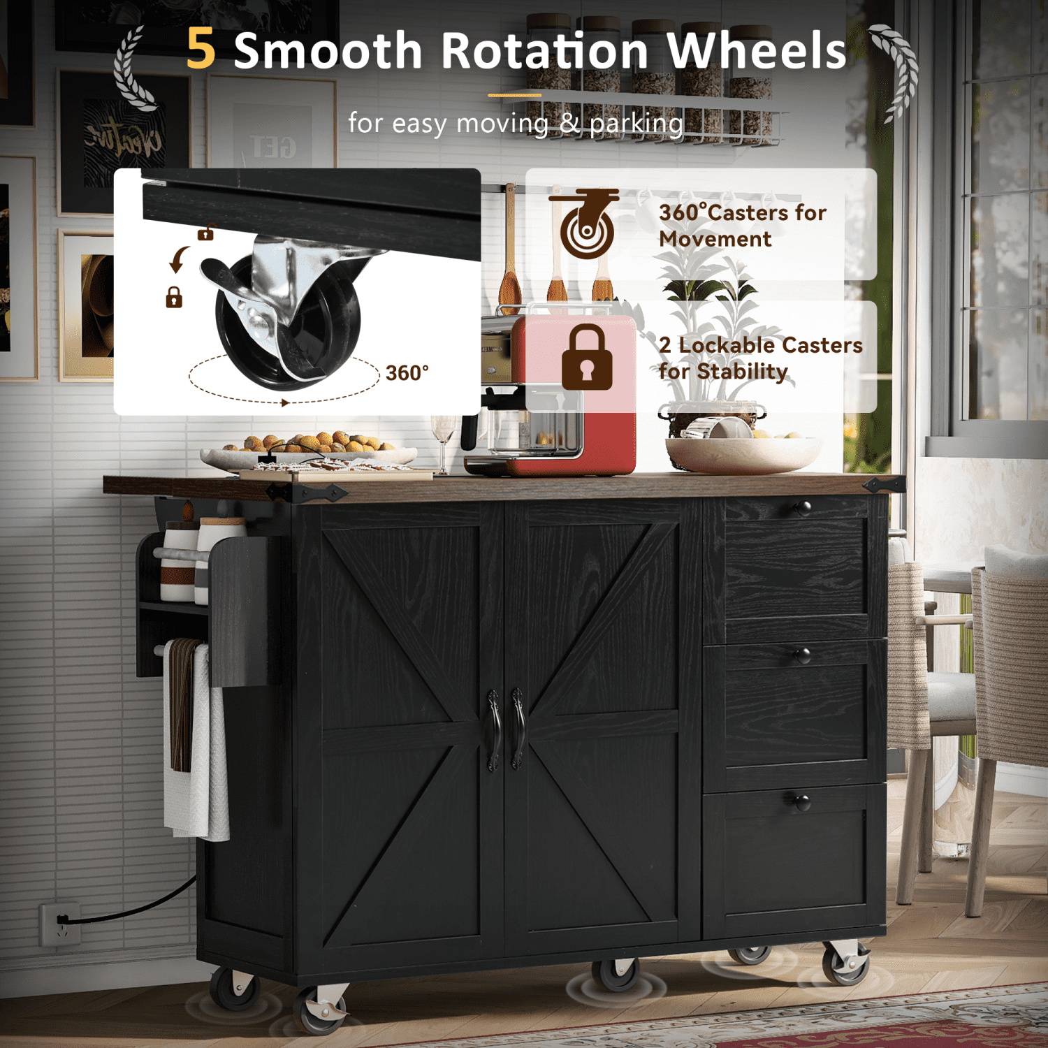 Harper & Bright Designs Farmhouse Kitchen Island with Power Outlet, Kitchen Storage Island with Drop Leaf, Rolling Kitchen Cart on Wheels with Internal Storage Rack, Spice Rack, Black