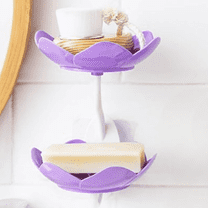 Bxaolu Soap Dish Holder for Shower Double Layer Cute Lotus Shape Adhesive Tray Razor Wall Mounted NO-Drilling Self Draining Cup Saver Caddy Rack Bar Bathroom Bathtub Kitchen(1Pack,Purple)