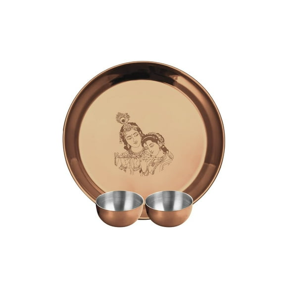 Stainless Steel Radha Krishna Pooja Thali Set Of 3, Rose Gold PVD Coating | 1 Pooja Thali+ 2 Katoris