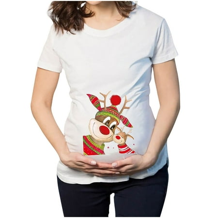 

asdoklhq Maternity Clothes for Women Clearance Christmas T-shirt Elk Snowman Cartoon Print Maternity Clothing Short Sleeve Top Pregnancy T-shirt