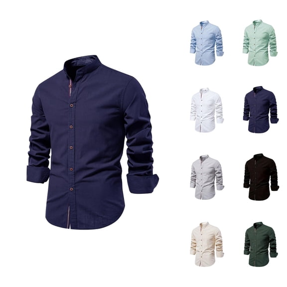 Linen Shirts for Men Long Sleeve Band Collar Button Down Dress Shirt Business Casual Spring Work Shirts