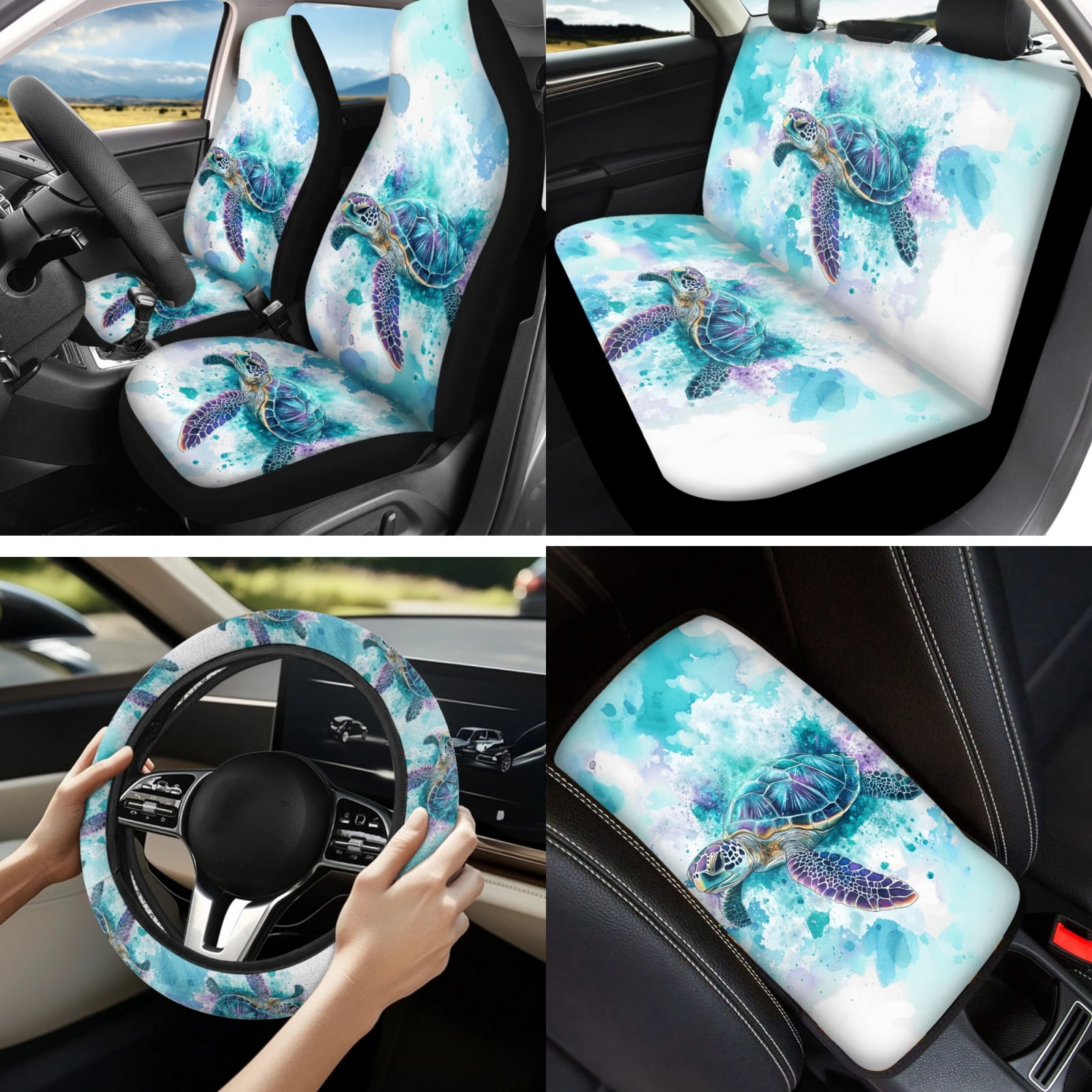 Yuyamidu Watercolor Sea Turtle Car Seat Cover Split Covers Blue Steering Wheel Cover Seatbelt Pads Auto Armrest Cover Key Ring Coasters Auto Decor Set of 13