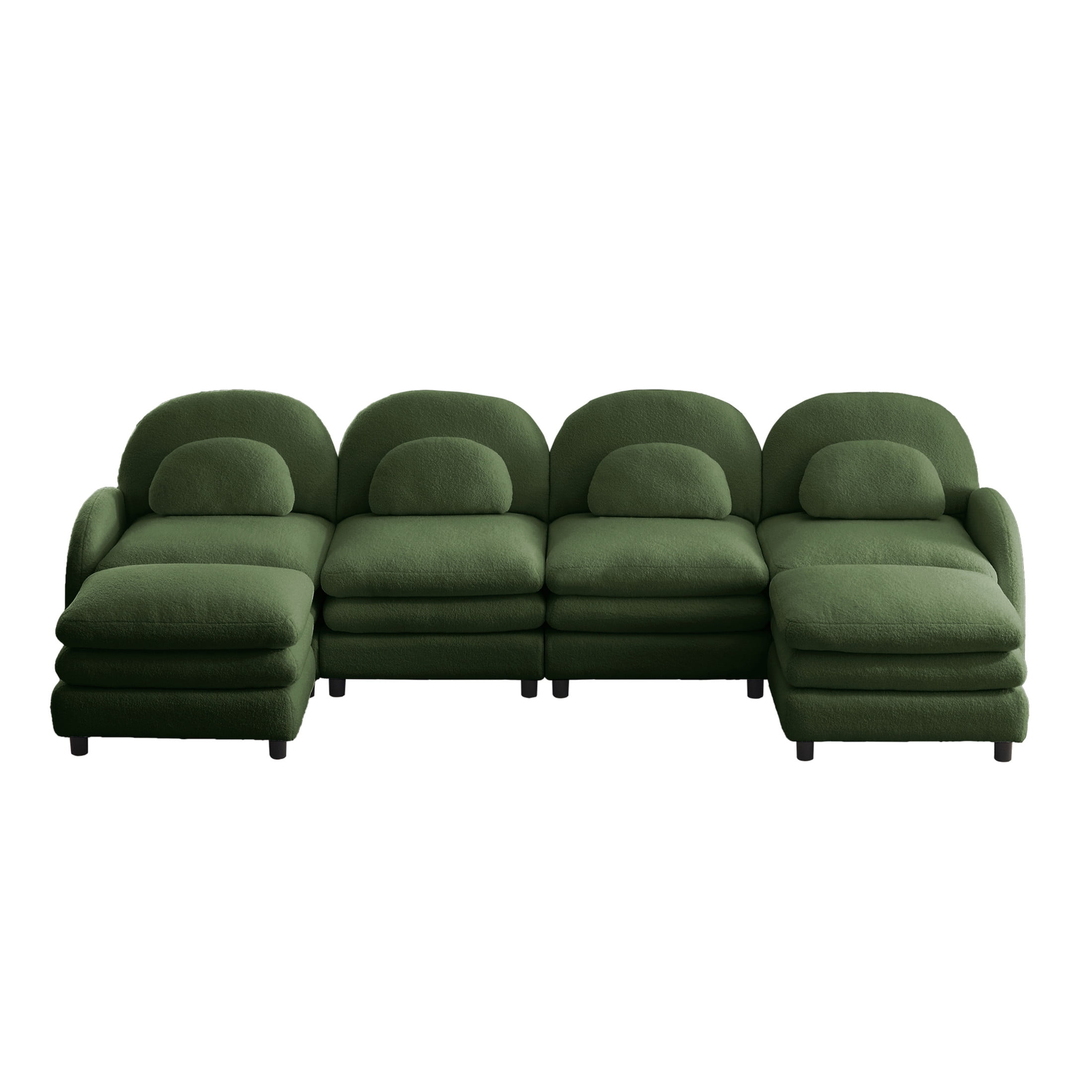 Noble House Windsor Teddy Fabric 4-Seater Sectional Sofa, Modular Cloud Couch with 2 Ottomans and Lumbar Pillows, Green