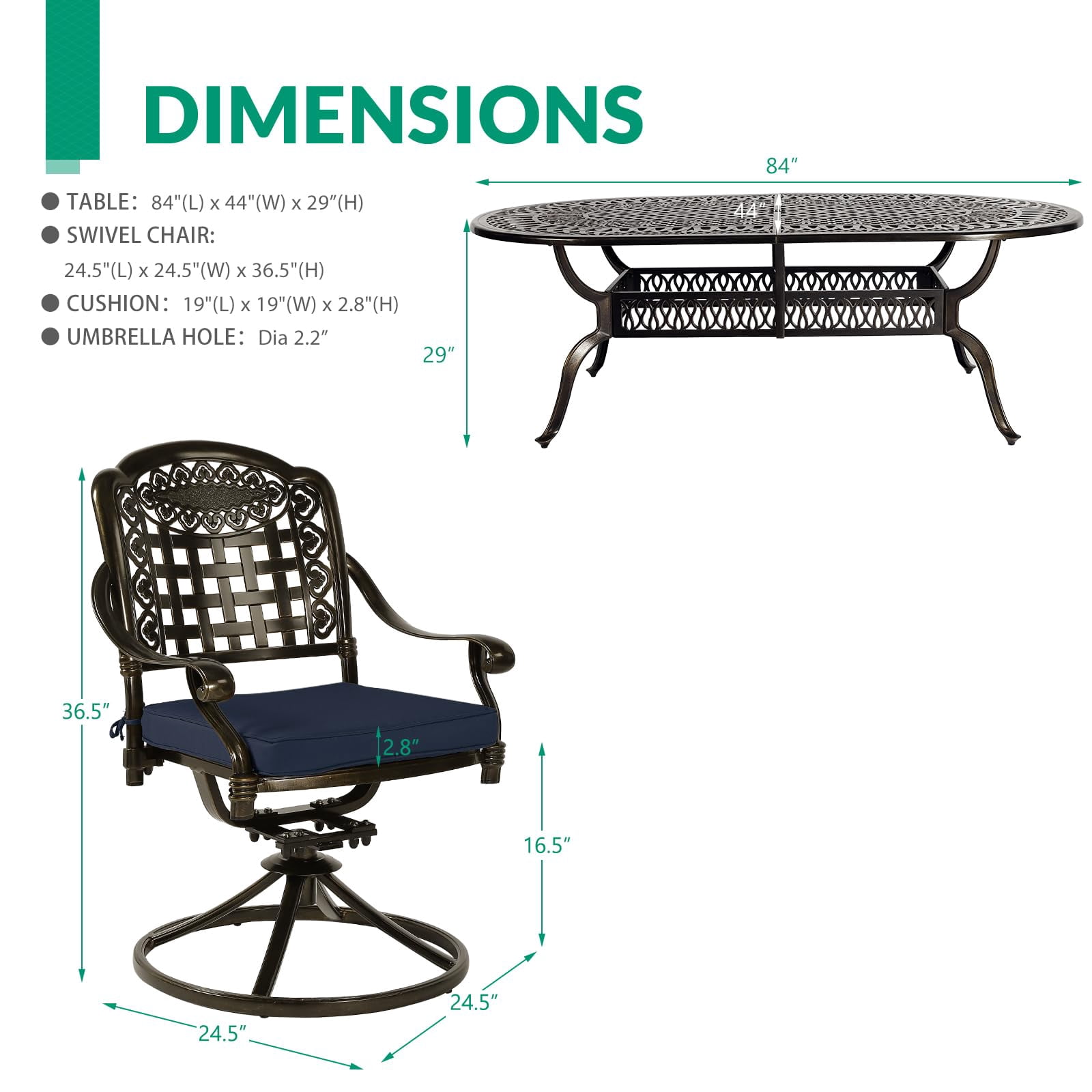 VIVIJASON 9-Piece Outdoor Patio Furniture Dining Set, All-Weather Cast Aluminum Conversation Set, Include 8 Swivel Dining Chairs and an Oval Table with Umbrella Hole, Navy Blue Cushion