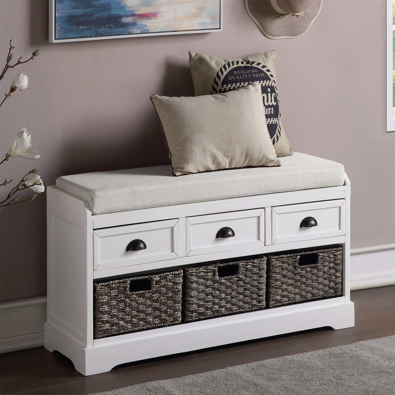 Organizer Storage Bench with 3 Drawers, 3 Rattan Baskets and Removable